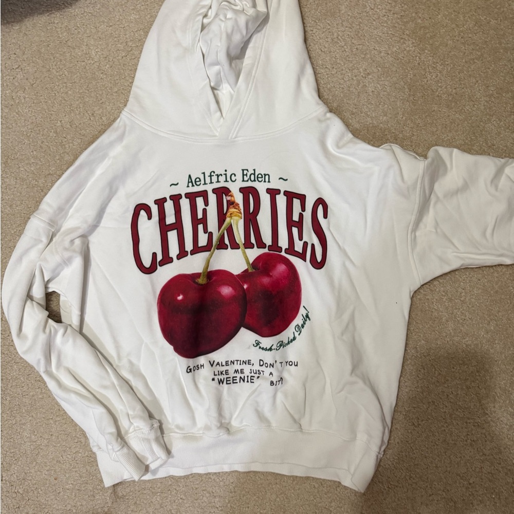 Aelfric Eden White Hoodie with Red Cherry Design